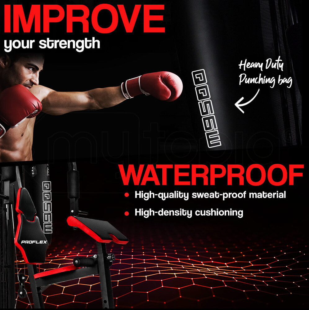 NNEMB Red Multi Station Home Gym Set with 100lbs Plates & Boxing Bag-M9500