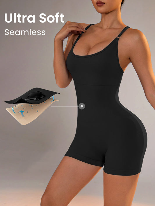 NNEDSZ Size S Black Nylon Seamless Yoga Bodysuit - Women's Athletic Romper, Crisscross Back, Workout Jumpsuit
