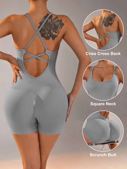 NNEDSZ Size L Light Grey Nylon Seamless Yoga Bodysuit - Women's Athletic Romper, Crisscross Back, Workout Jumpsuit