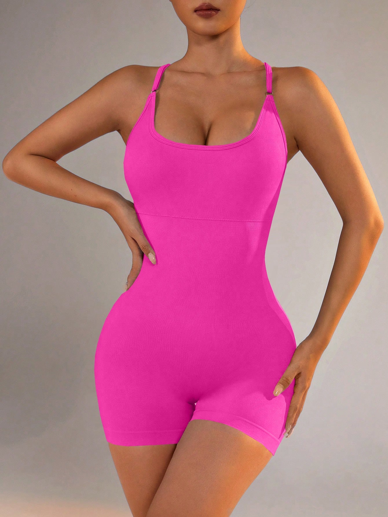 NNEDSZ Size XS Rose Red Grey Nylon Seamless Yoga Bodysuit - Women's Athletic Romper, Crisscross Back, Workout Jumpsuit