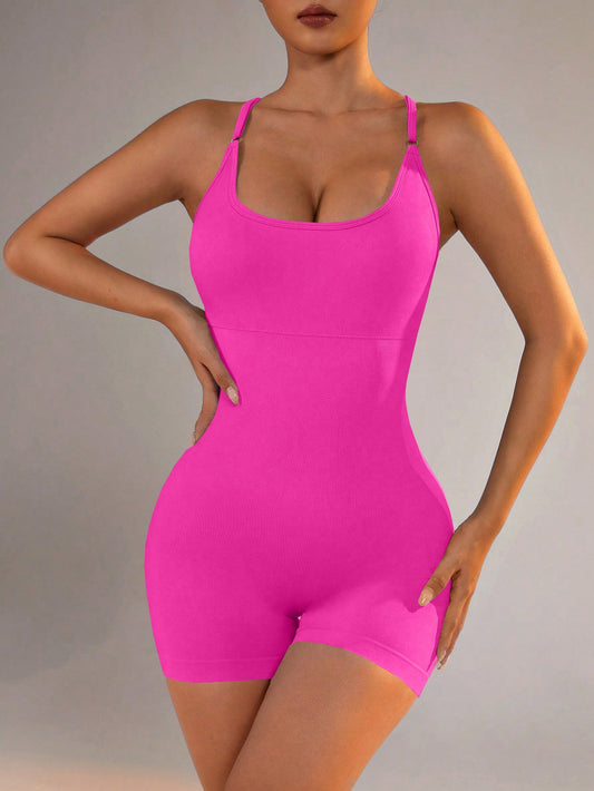 NNEDSZ Size XS Rose Red Grey Nylon Seamless Yoga Bodysuit - Women's Athletic Romper, Crisscross Back, Workout Jumpsuit
